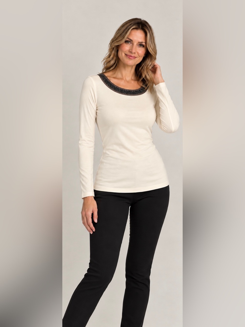 DKR Apparel Beaded Neckline Long Sleeve Top-Champagne
